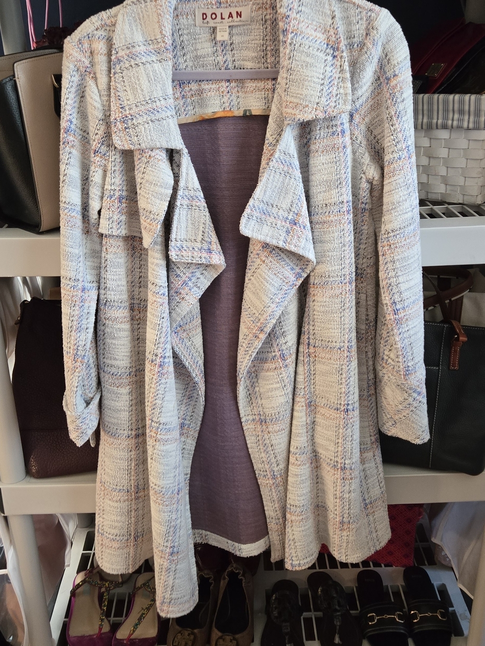 Anthropologie Dolan Pastel Plaid Tweed Drape Jacket - Light Blue & Pink